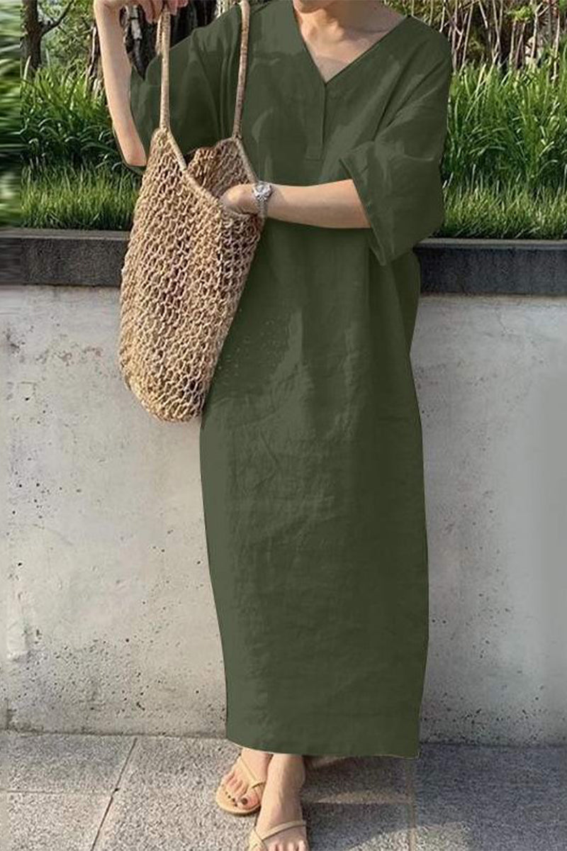 Casual Solid V Neck One Step Skirt Dresses Green