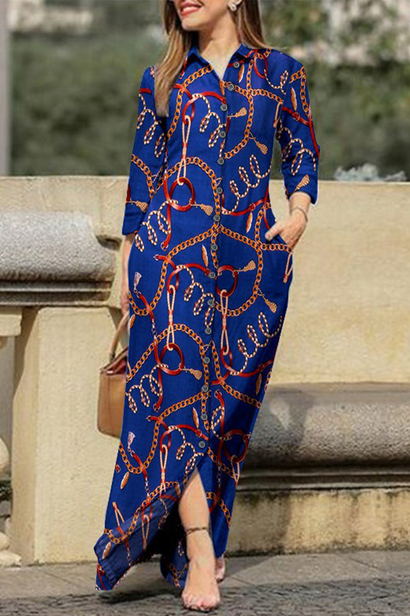 Casual Print Pocket Turndown Collar Shirt Dress Dresses Navy