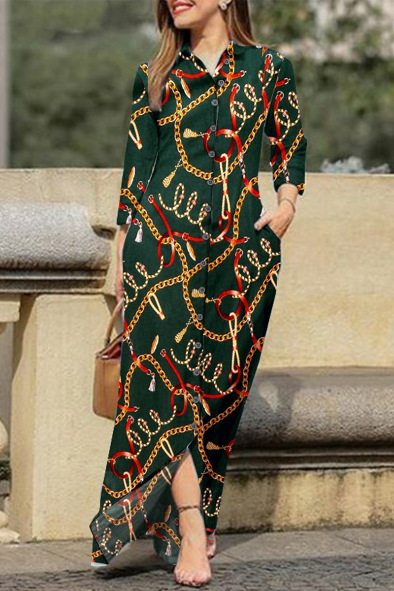 Casual Print Pocket Turndown Collar Shirt Dress Dresses Green