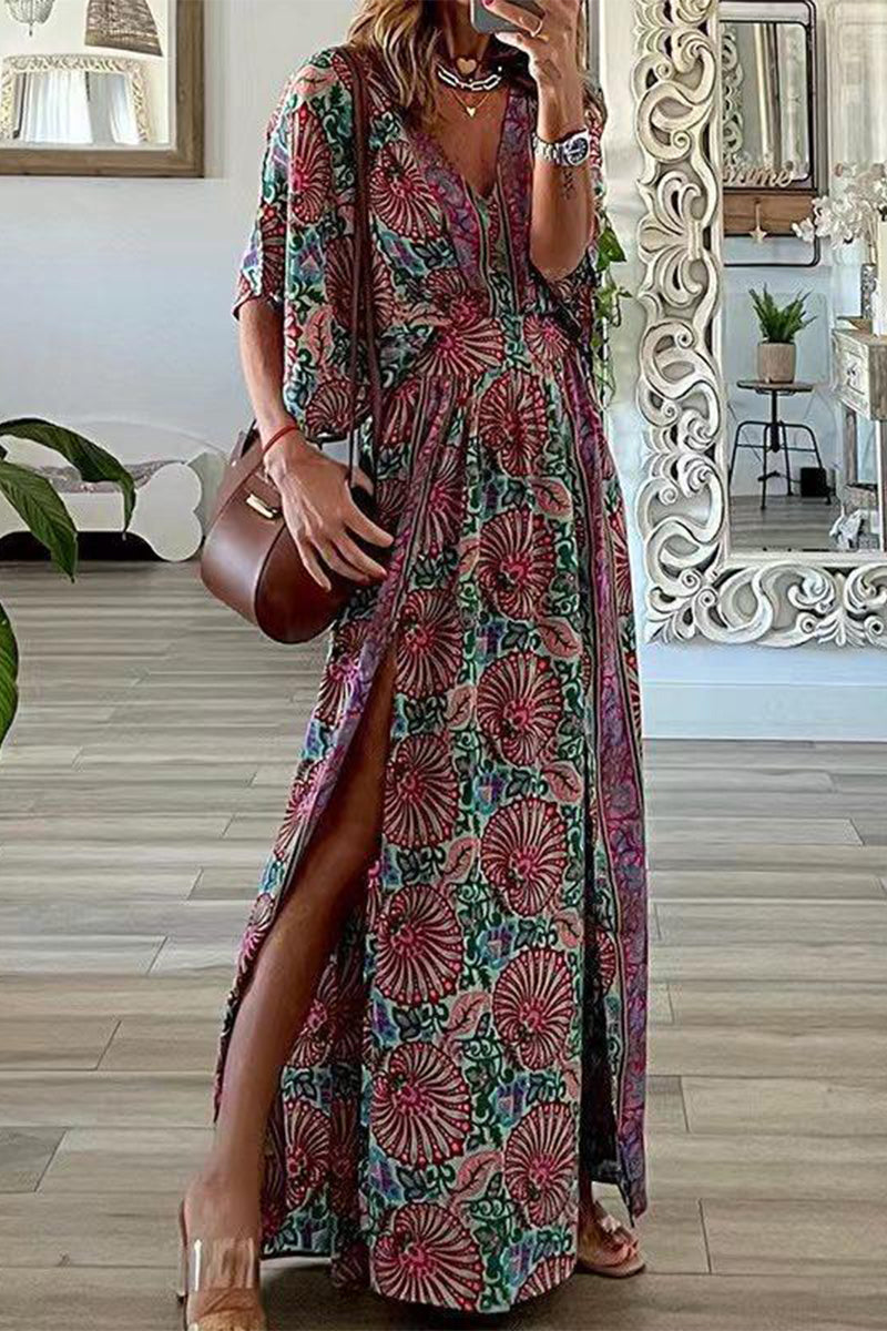 Bohemian Vintage Print Slit V Neck A Line Dresses Red