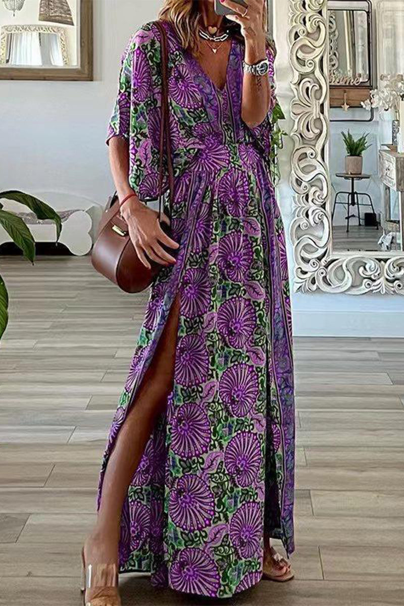 Bohemian Vintage Print Slit V Neck A Line Dresses Purple