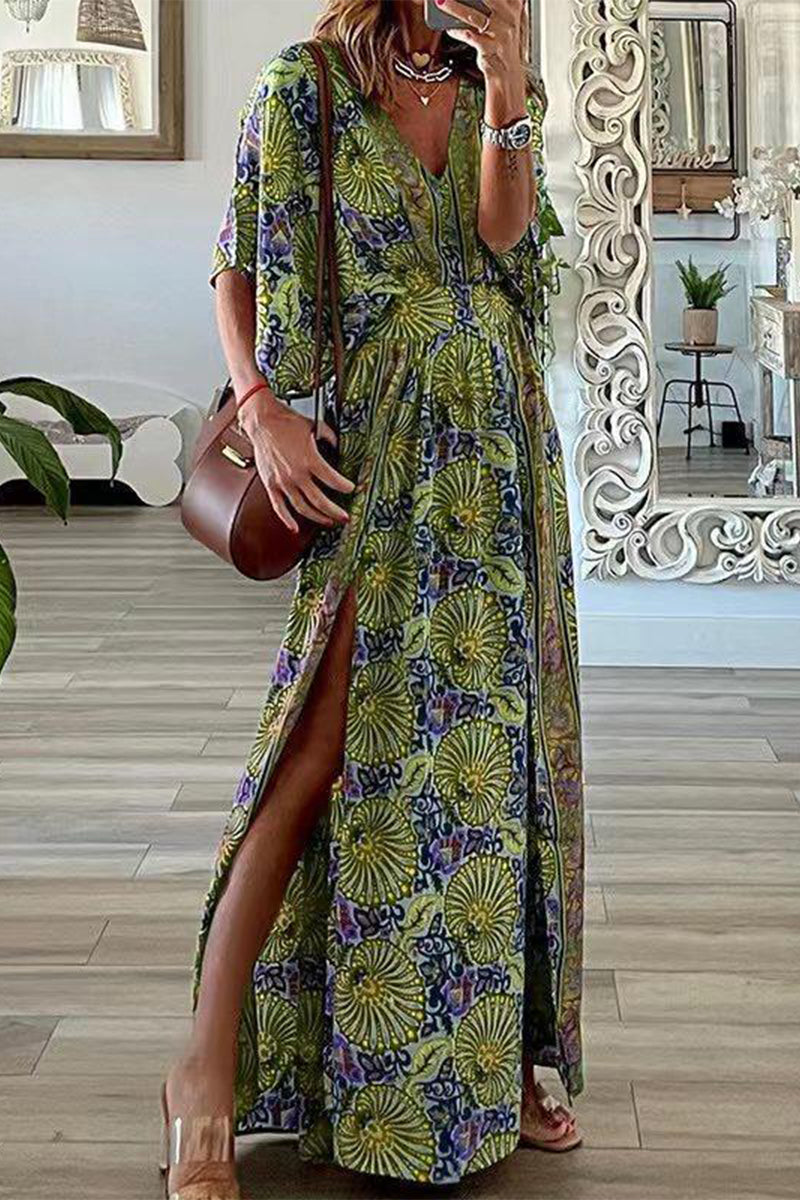 Bohemian Vintage Print Slit V Neck A Line Dresses Yellow