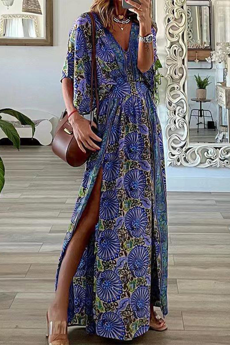 Bohemian Vintage Print Slit V Neck A Line Dresses Blue