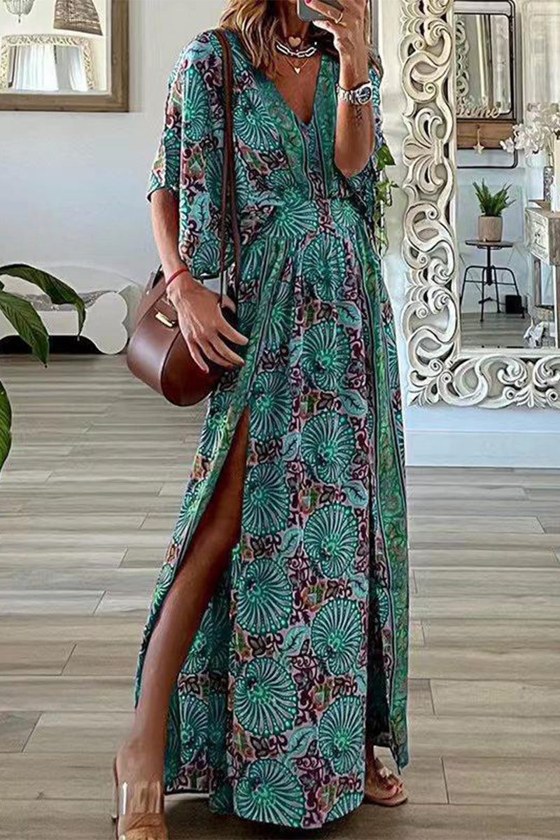 Bohemian Vintage Print Slit V Neck A Line Dresses Green