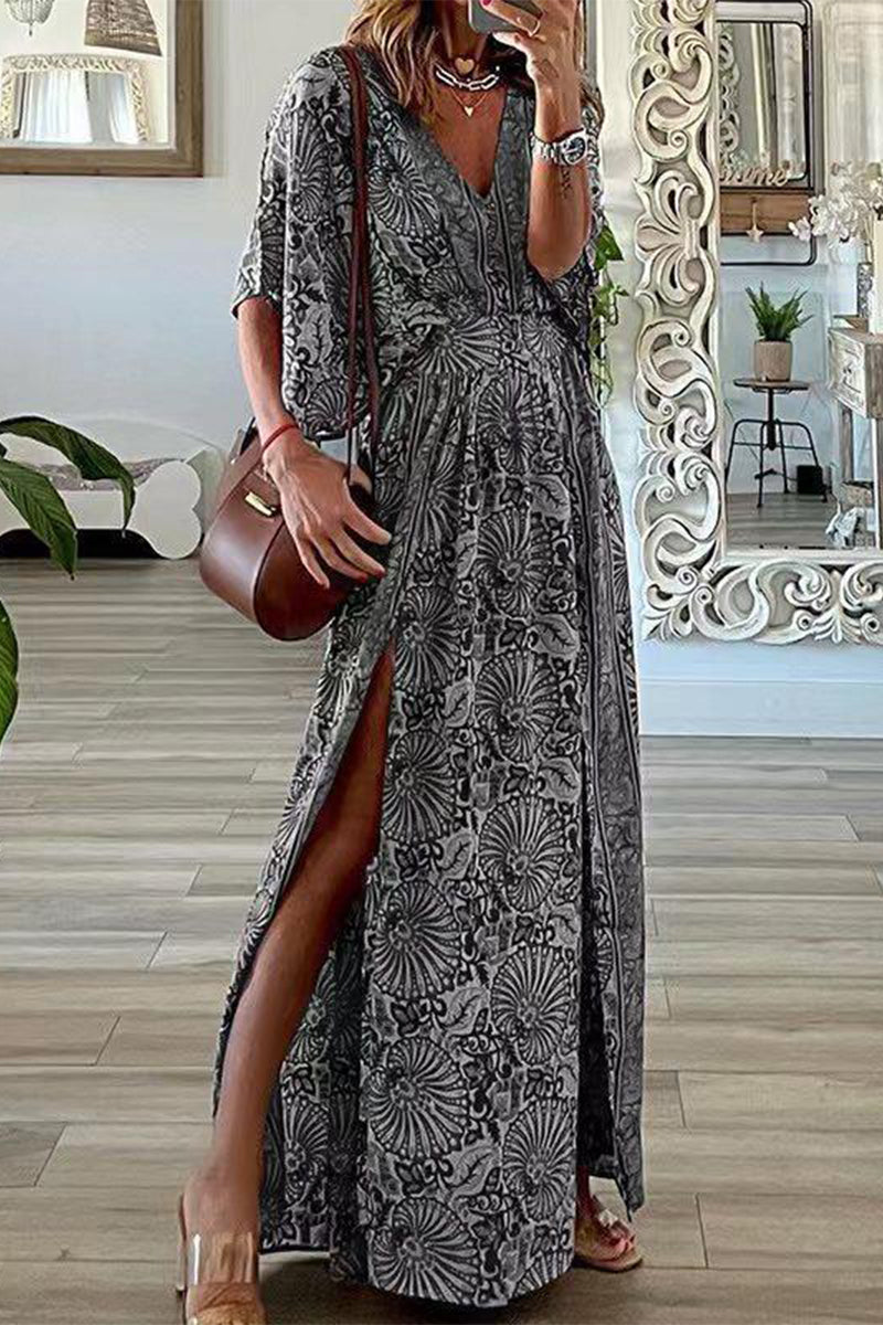 Bohemian Vintage Print Slit V Neck A Line Dresses Grey