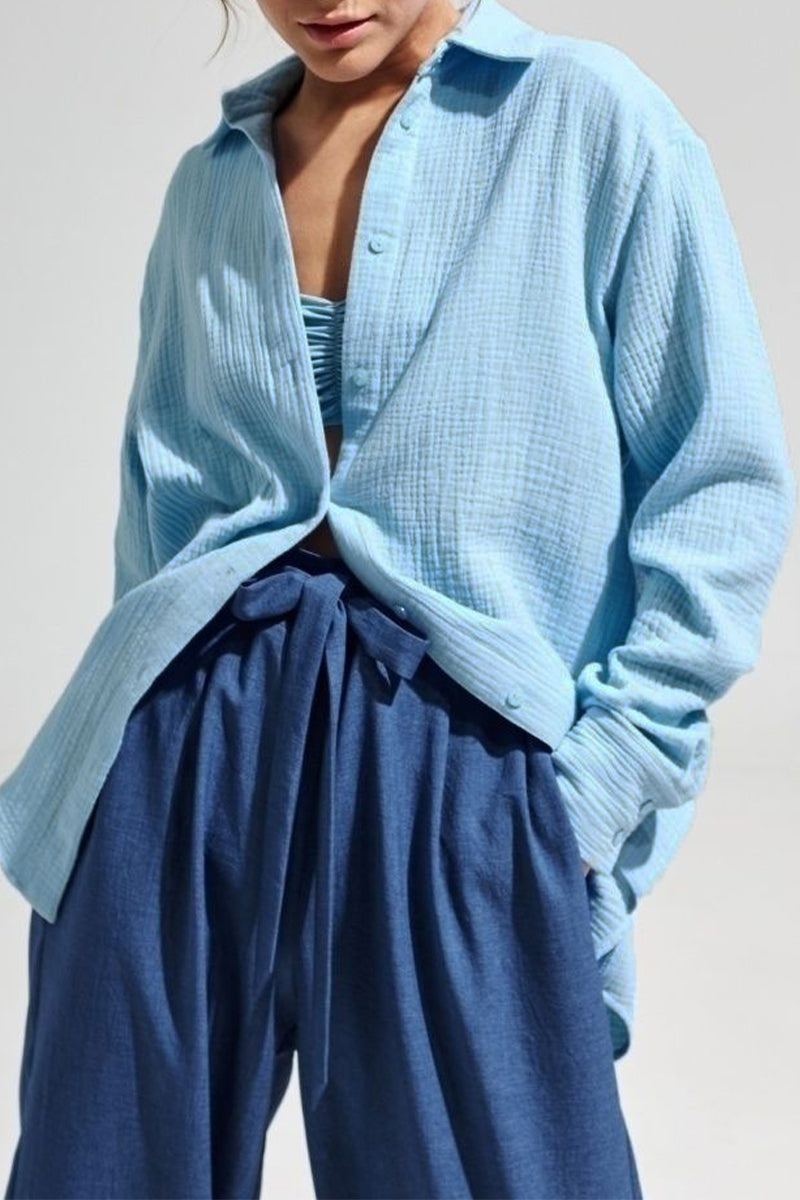 Elegant Solid Turndown Collar Tops Blue