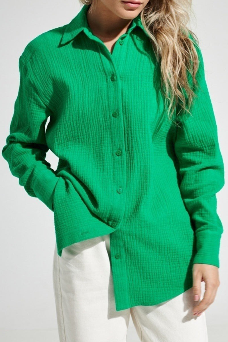 Elegant Solid Turndown Collar Tops Dark Green