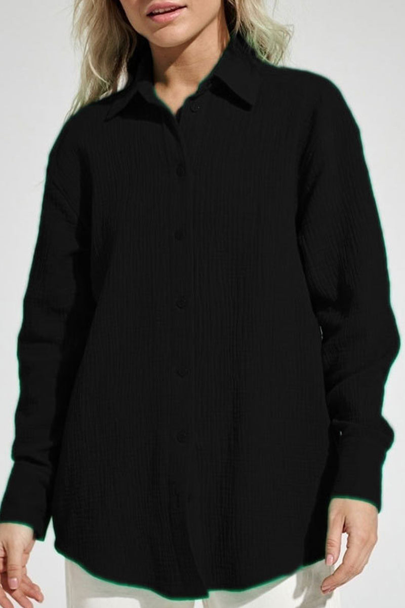 Elegant Solid Turndown Collar Tops Black