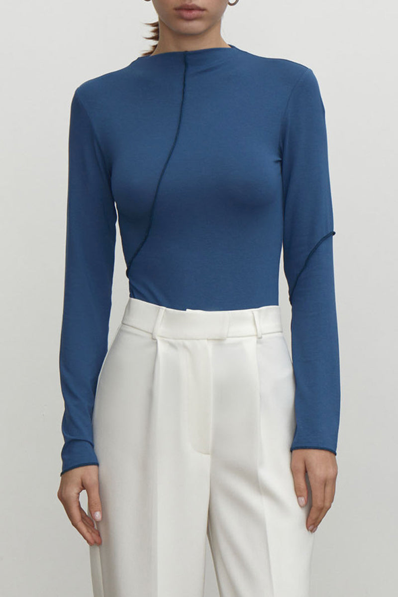 Casual Simplicity Solid Half A Turtleneck Tops Blue