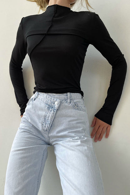 Casual Simplicity Solid Half A Turtleneck Tops Black