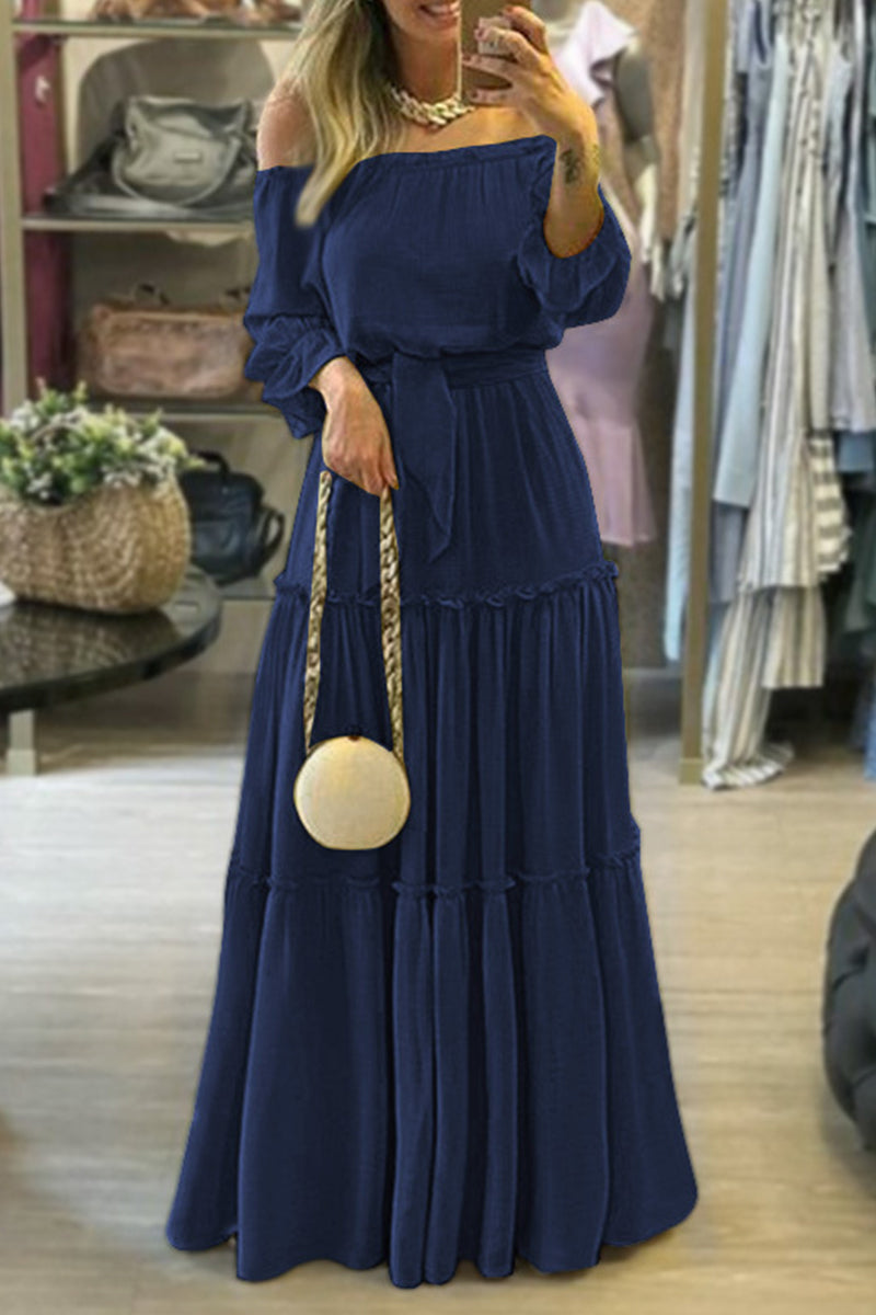 Sexy Elegant Solid Off the Shoulder Pleated Dresses Tibetan Blue