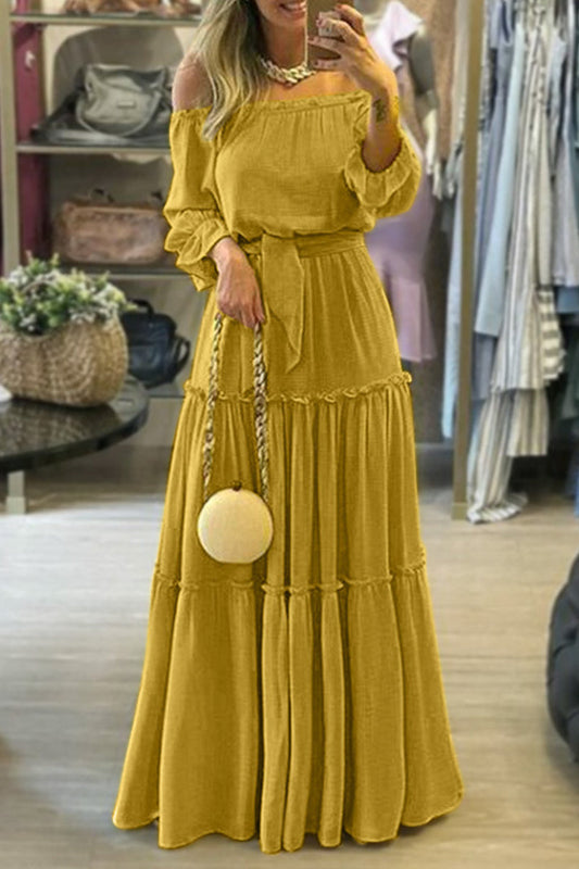 Sexy Elegant Solid Off the Shoulder Pleated Dresses Yellow