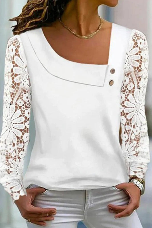 Sweet Elegant Solid Lace Oblique Collar Tops White