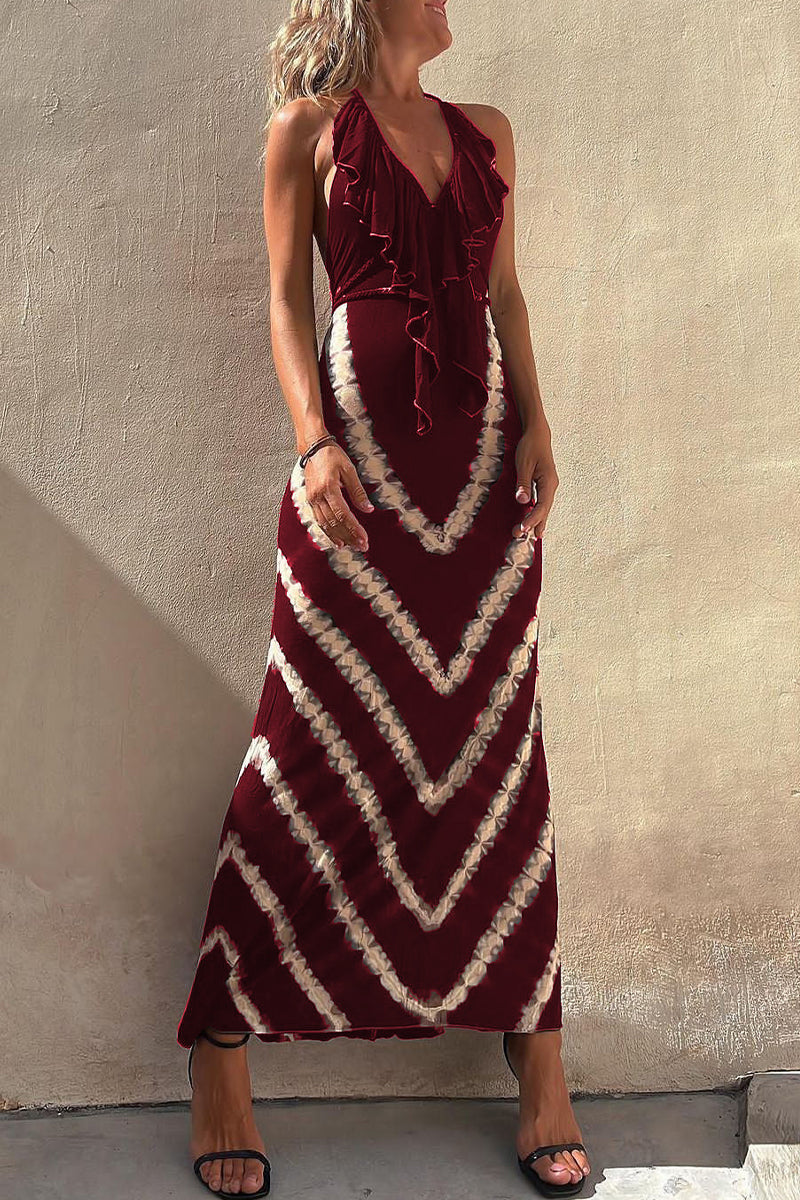 Sexy Print Flounce V Neck A Line Dresses Burgundy