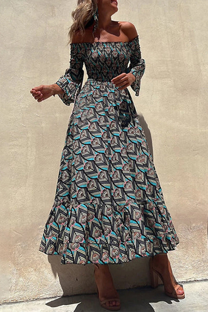 Elegant Print Patchwork Off the Shoulder Irregular Dress Dresses Blue