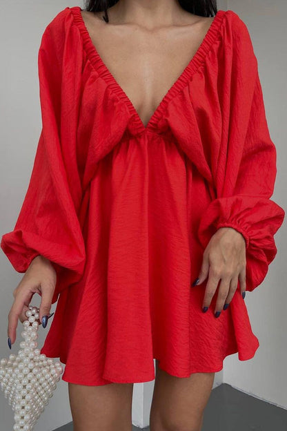 Sexy Simplicity Solid Flounce Fold V Neck Long Sleeve Dresses Red