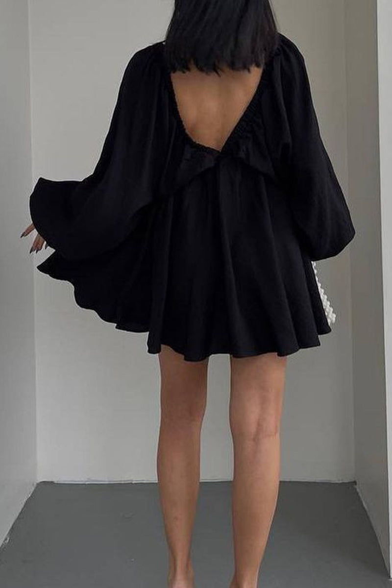 Sexy Simplicity Solid Flounce Fold V Neck Long Sleeve Dresses