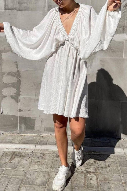 Sexy Simplicity Solid Flounce Fold V Neck Long Sleeve Dresses White