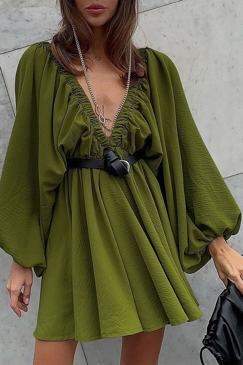 Sexy Simplicity Solid Flounce Fold V Neck Long Sleeve Dresses Army Green