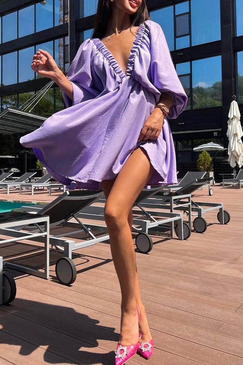 Sexy Simplicity Solid Flounce Fold V Neck Long Sleeve Dresses