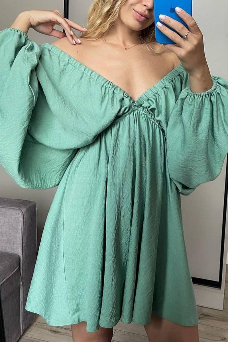 Sexy Simplicity Solid Flounce Fold V Neck Long Sleeve Dresses Light Green