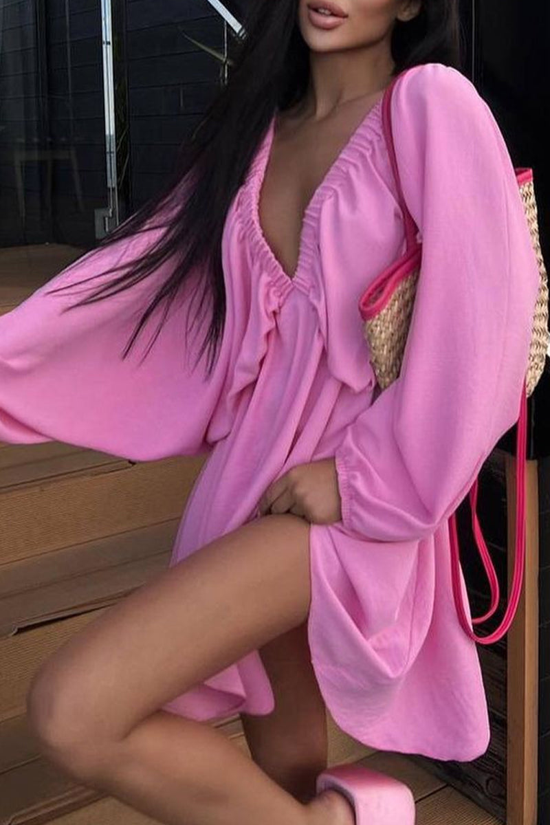 Sexy Simplicity Solid Flounce Fold V Neck Long Sleeve Dresses Pink