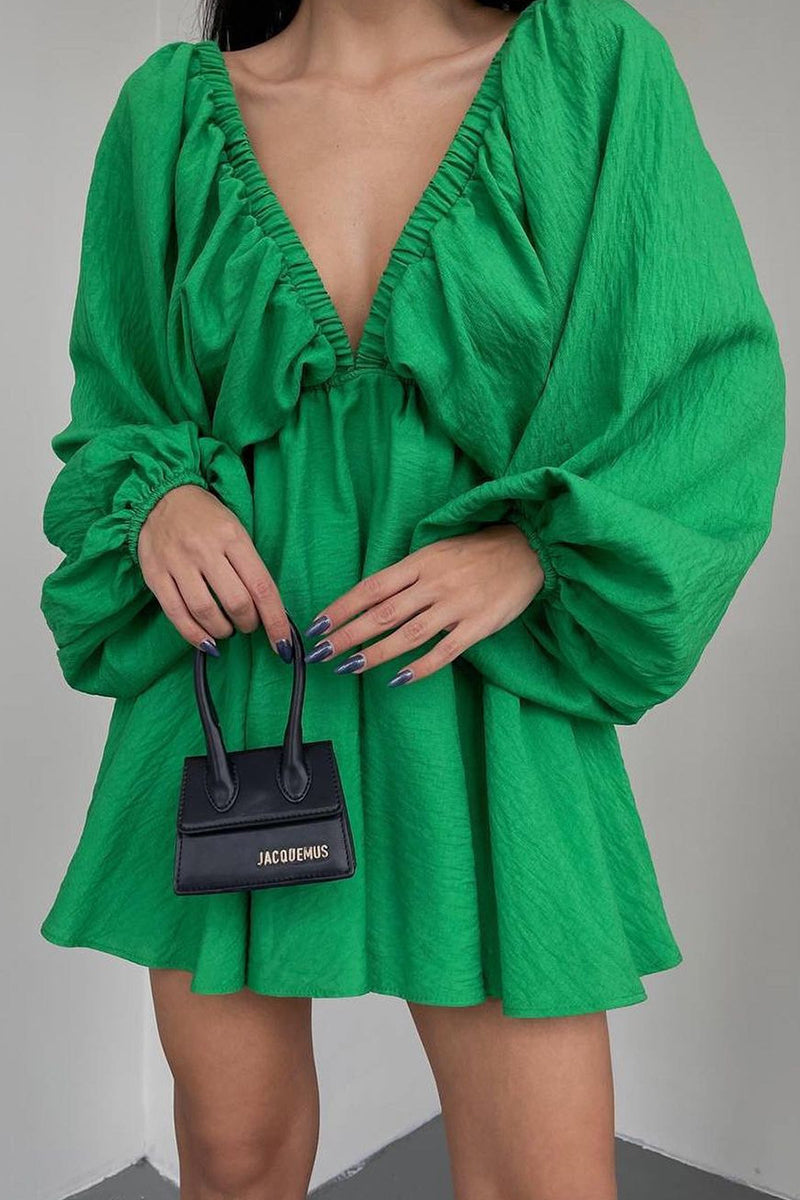 Sexy Simplicity Solid Flounce Fold V Neck Long Sleeve Dresses Green