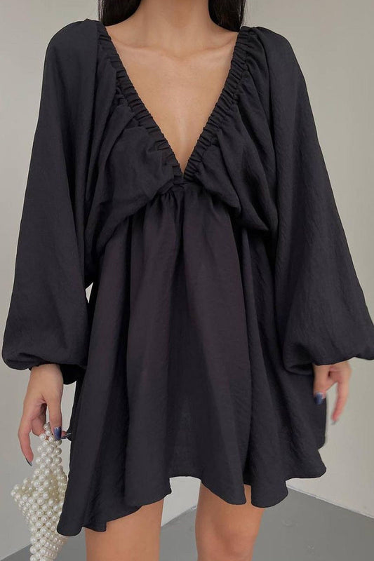 Sexy Simplicity Solid Flounce Fold V Neck Long Sleeve Dresses Black