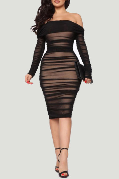 Sexy Solid Patchwork Off the Shoulder Long Sleeve Dresses Black