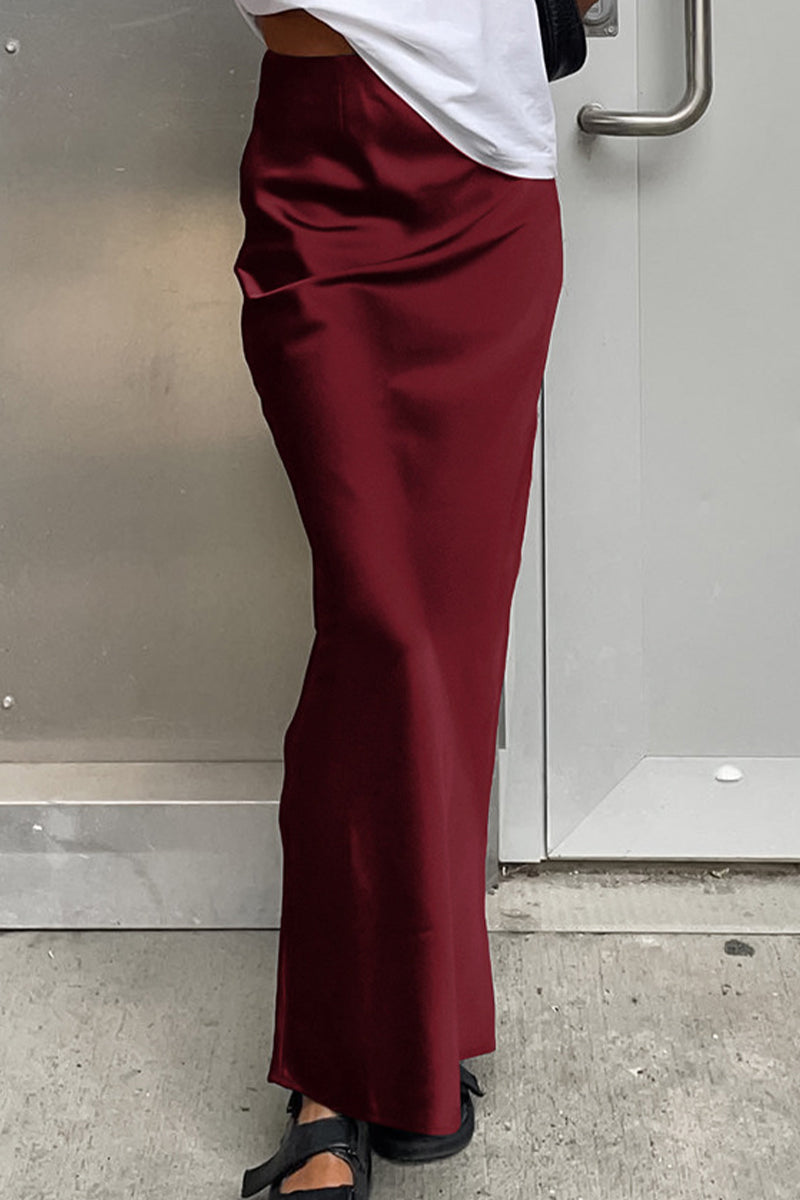 Elegant Solid Regular High Waist Solid Color Bottoms Burgundy