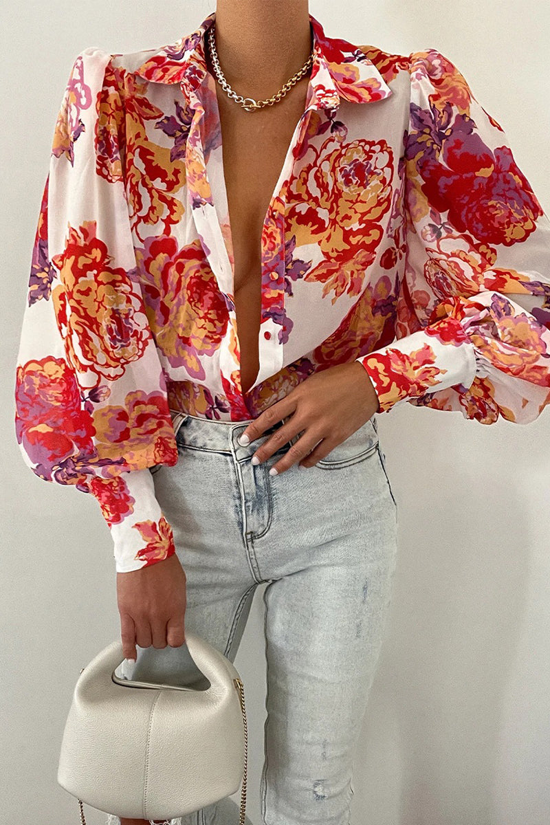 Elegant Floral Patchwork Turndown Collar Tops White