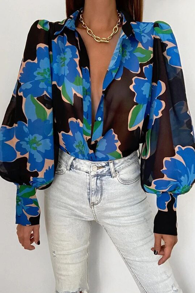 Elegant Floral Patchwork Turndown Collar Tops Blue