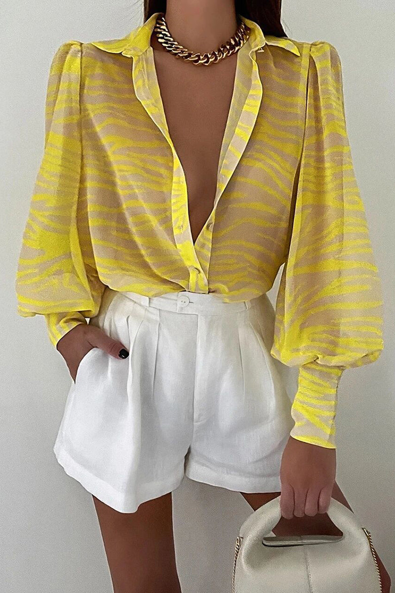 Elegant Floral Patchwork Turndown Collar Tops Yellow