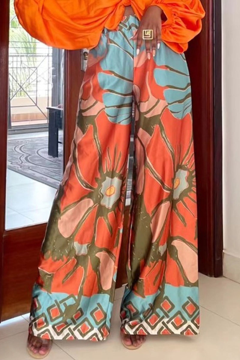 Street Floral Loose High Waist Wide Leg Full Print Bottoms Orange