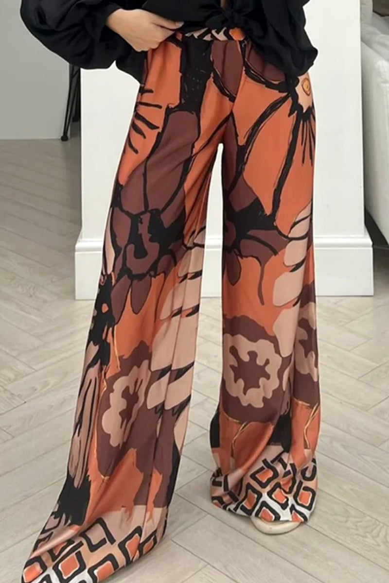 Street Floral Loose High Waist Wide Leg Full Print Bottoms Brown