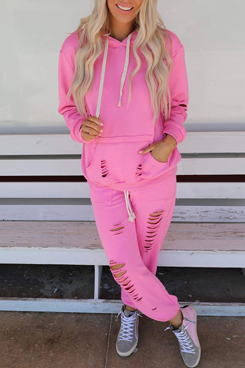 Casual Solid Ripped Pocket Hooded Collar Long Sleeve Two Pieces Pink