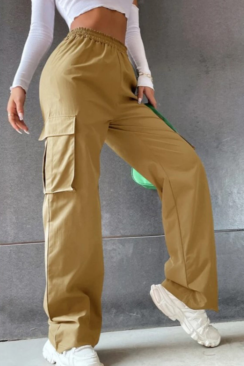 Solid Pocket Loose Mid Waist Straight Solid Color Bottoms Khaki