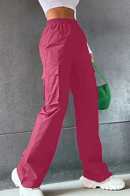 Solid Pocket Loose Mid Waist Straight Solid Color Bottoms Deep Pink