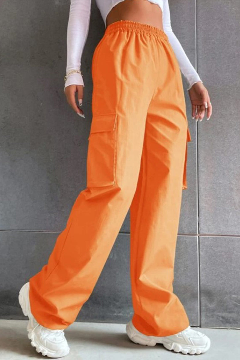 Solid Pocket Loose Mid Waist Straight Solid Color Bottoms Tangerine Red