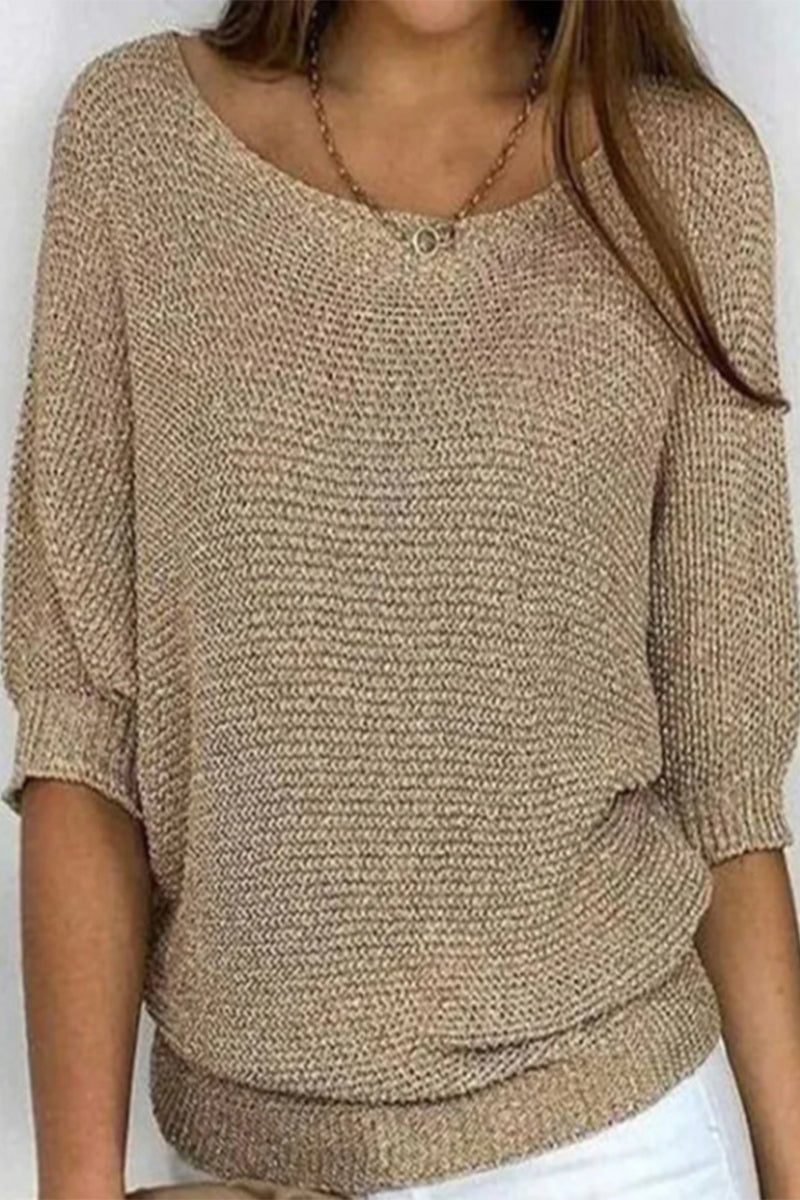 Casual Simplicity Solid O Neck Tops Khaki