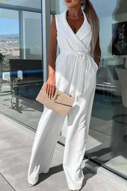 Casual Street Frenulum Turndown Collar Loose Jumpsuits White