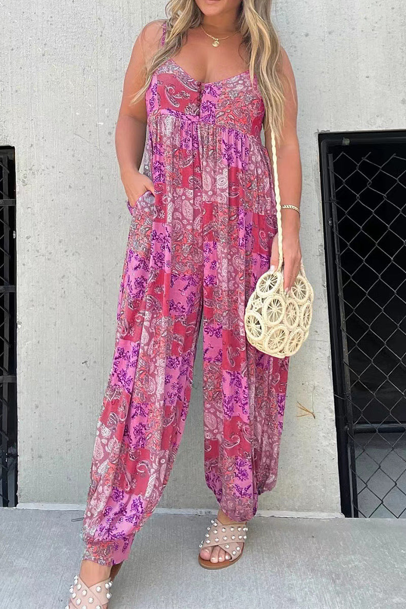 Casual Floral Pocket V Neck Loose Jumpsuits Pink