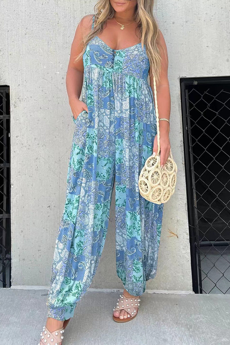 Casual Floral Pocket V Neck Loose Jumpsuits Blue