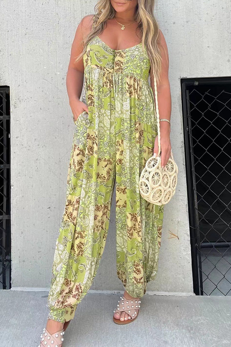 Casual Floral Pocket V Neck Loose Jumpsuits Yellow