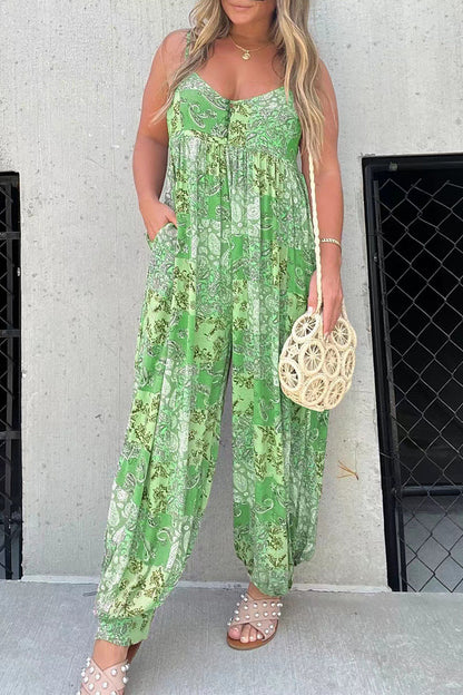 Casual Floral Pocket V Neck Loose Jumpsuits Green