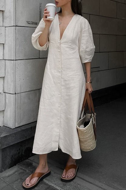 Casual Solid V Neck A Line Dresses Cream White