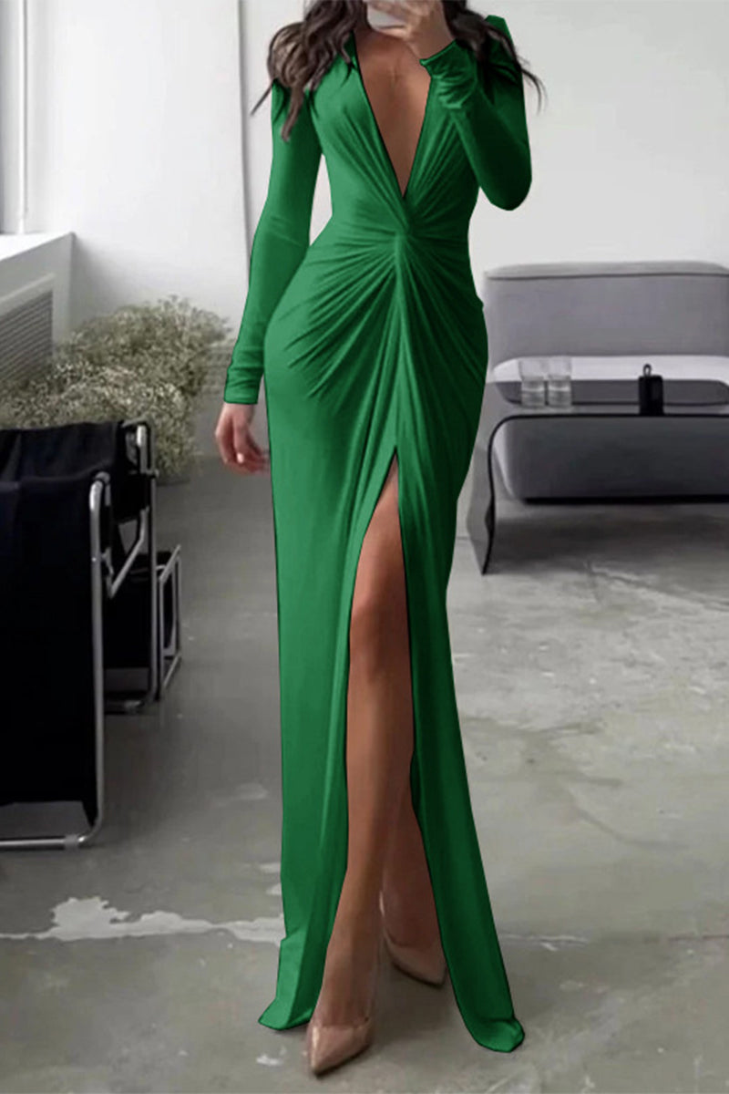 Elegant Solid Fold V Neck Pleated Dresses(7 Colors) Green