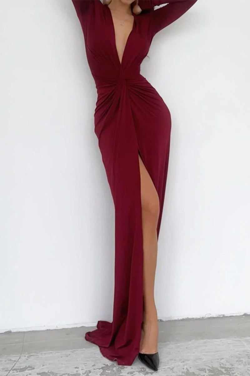 Elegant Solid Fold V Neck Pleated Dresses(7 Colors) Burgundy