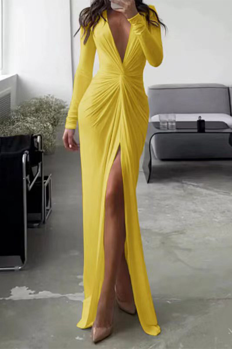 Elegant Solid Fold V Neck Pleated Dresses(7 Colors) Yellow