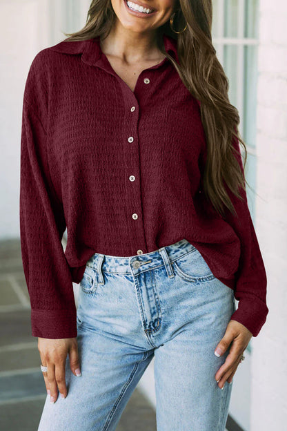 Simplicity Solid Pocket Turndown Collar Tops Burgundy